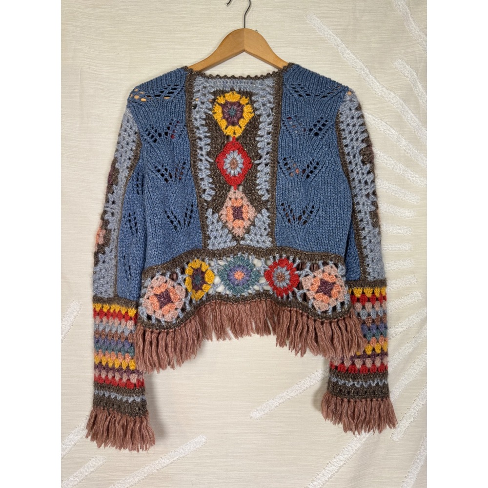 Peruvian Connection Lookout Mountain Bolero Alpaca Crochet Fringe Cardigan Boho - Picture 3 of 8
